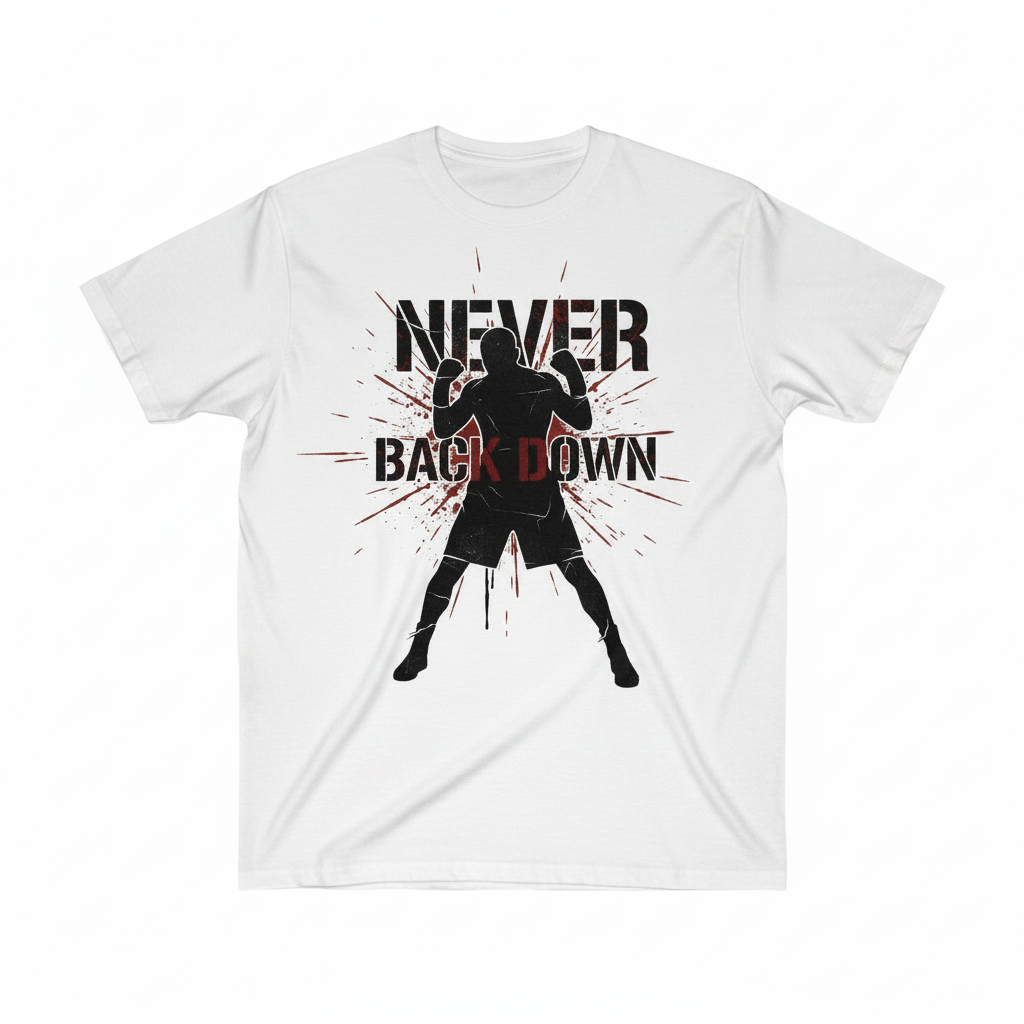 Never Back Down boxing t-shirt in white, flat lay product photo