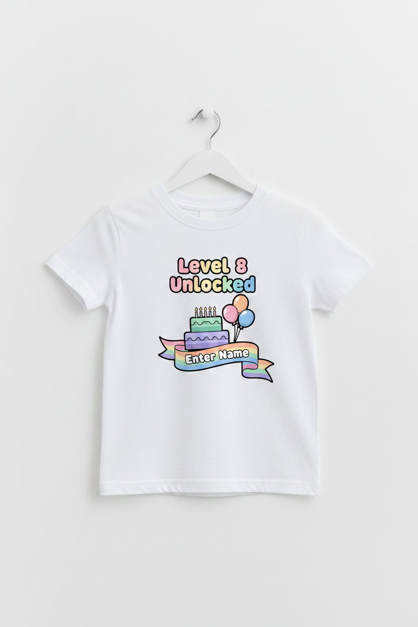 Level 8 Unlocked pastel cartoon birthday t-shirt - white hanger