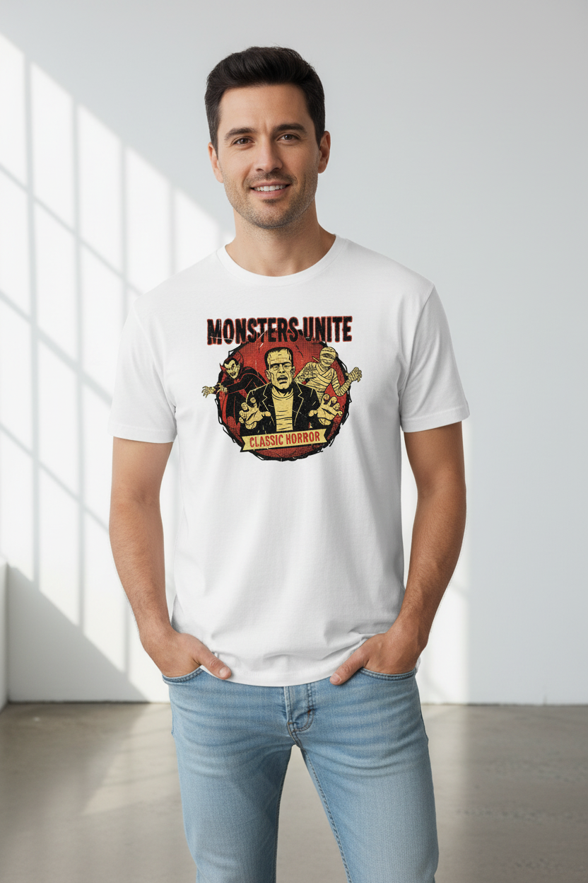 Monsters Unite white t-shirt on male model