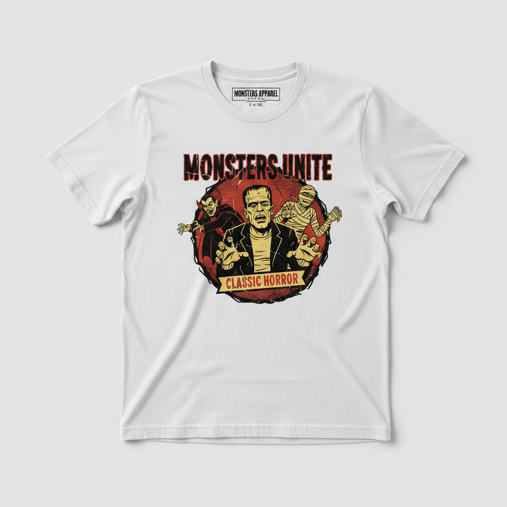 Monsters Unite white t-shirt flat lay mockup