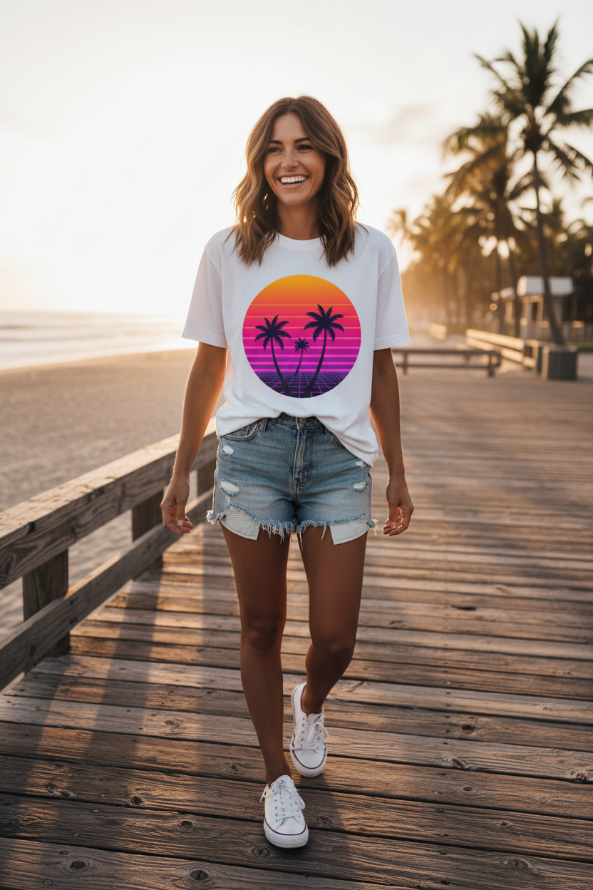 Retro Vaporwave Sunset Tee - White Lifestyle