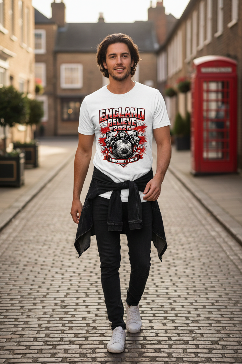 England Believe 2026 Knockout Tour – White T-Shirt Lifestyle