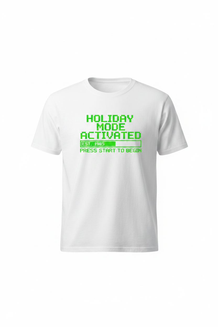 Holiday Mode Activated retro pixel white t-shirt ghost mannequin mockup