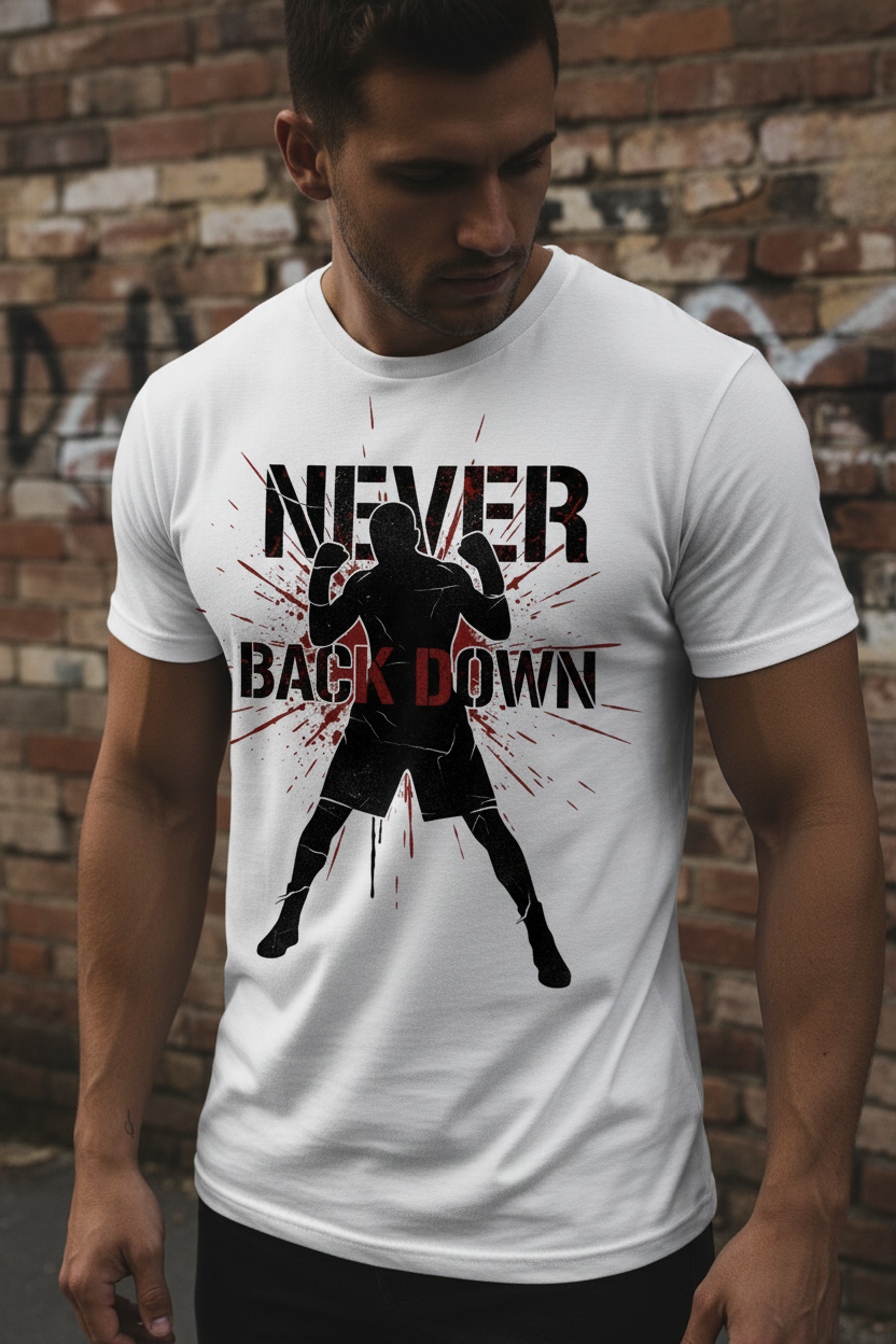 Never Back Down boxing t-shirt in white worn by model, street lifestyle shot