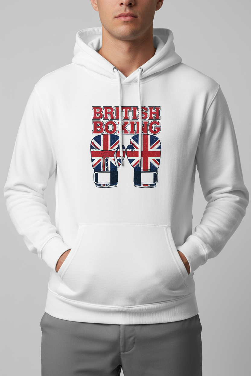 British Boxing hoodie in white worn by model