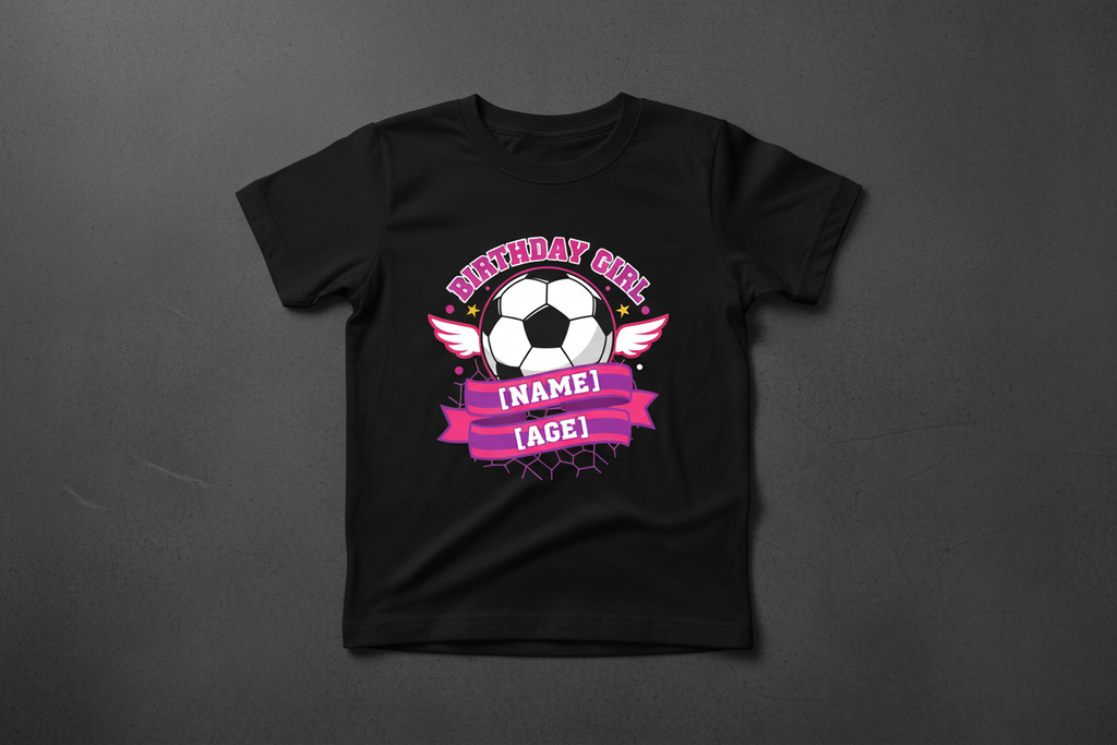 Personalised Football Birthday Girl T-Shirt - Black Flat Lay