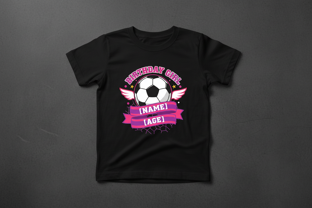 Personalised Football Birthday Girl T-Shirt - Black Flat Lay