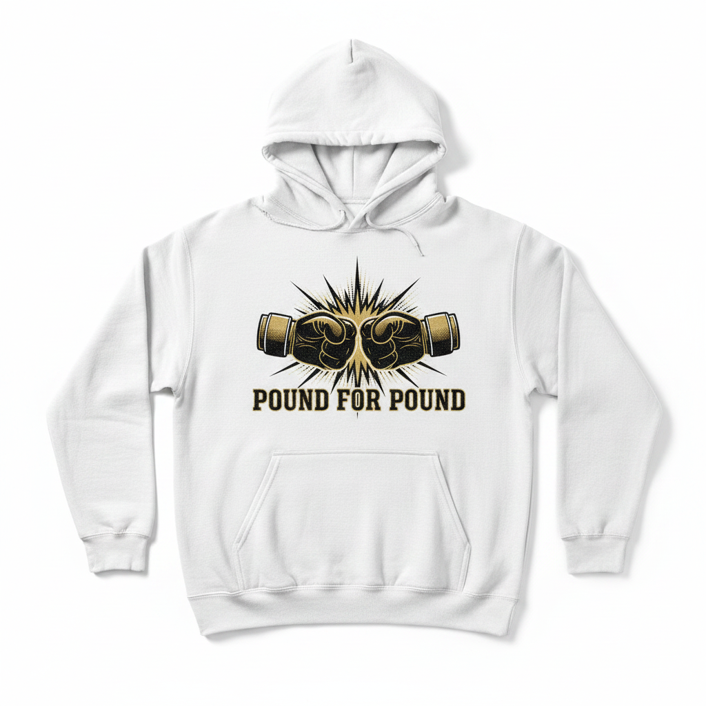 Pound for Pound boxing hoodie in white, flat lay product photo