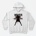 Never Back Down boxing hoodie in white, flat lay product photo