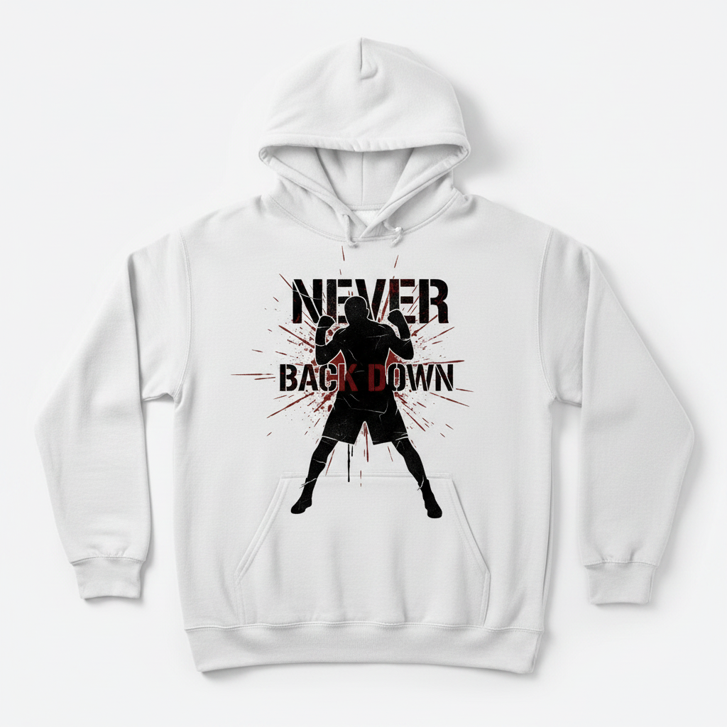 Never Back Down boxing hoodie in white, flat lay product photo