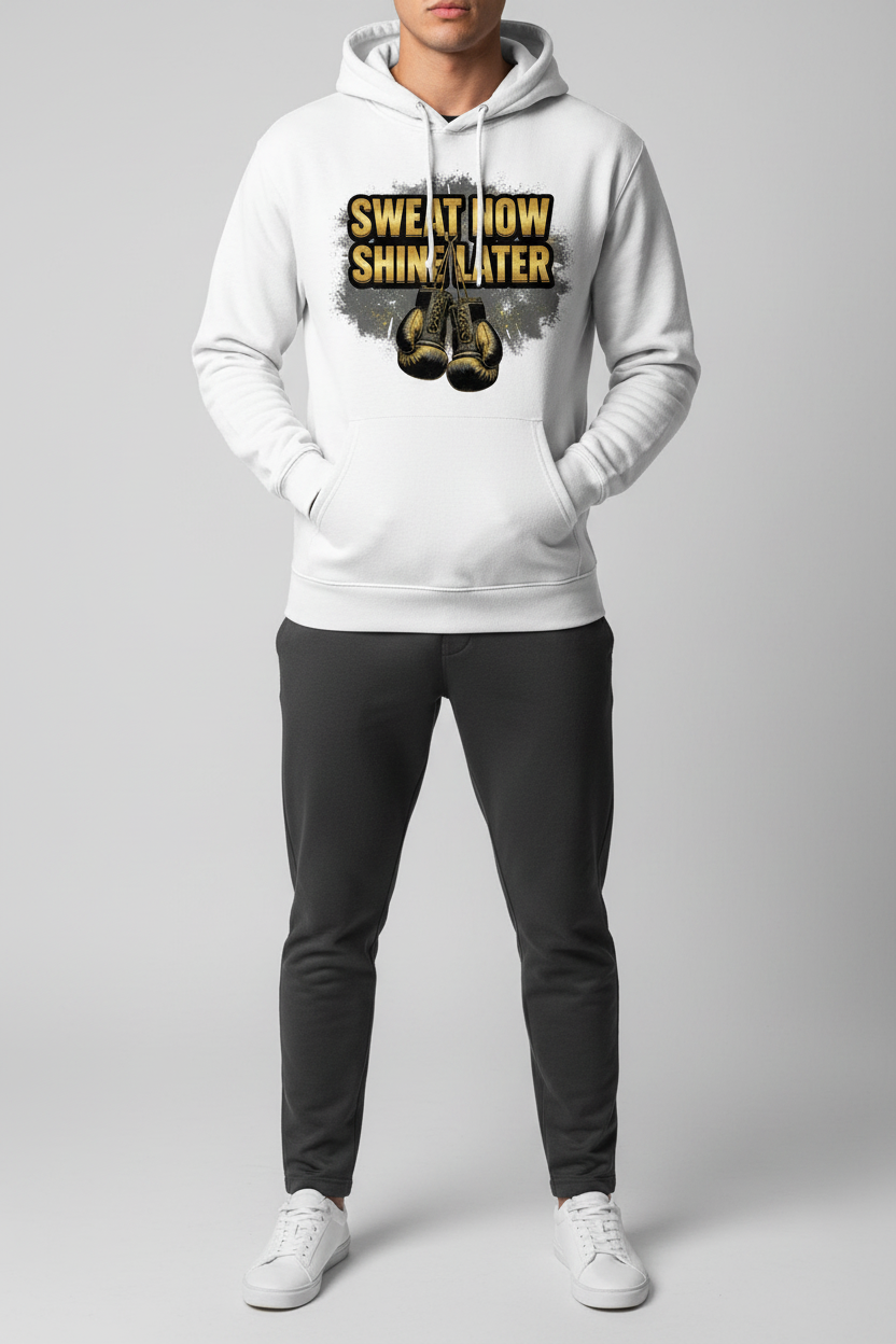 Sweat Now Shine Later boxing hoodie in white worn by model
