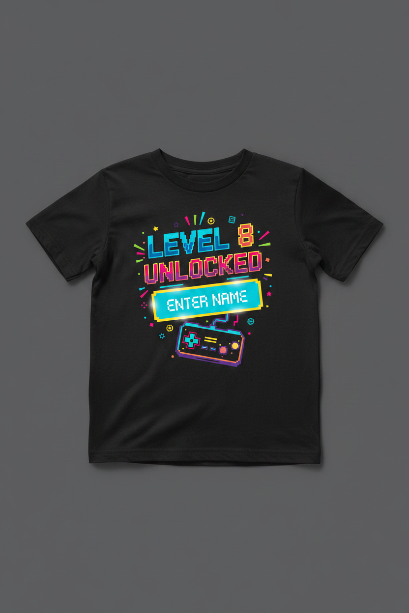 Level 8 Unlocked personalised birthday t-shirt - black flat lay