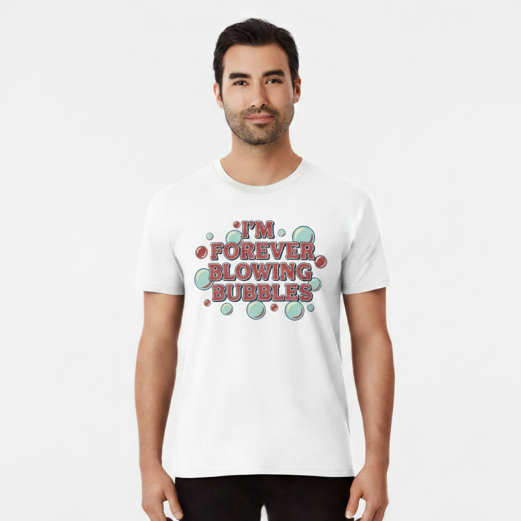 I'm Forever Blowing Bubbles white t-shirt model front view