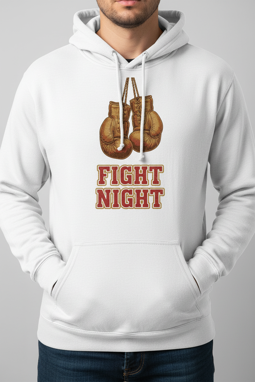 Fight Night boxing hoodie in white worn by model