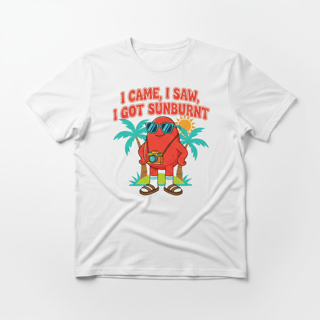 I Came I Saw I Got Sunburnt white t-shirt flat lay