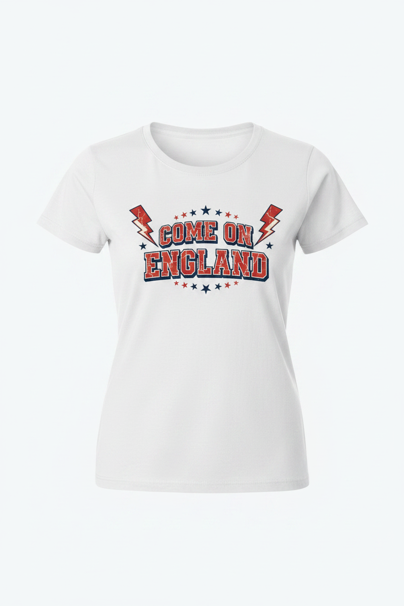 Women's Come On England retro varsity white t-shirt ghost mannequin