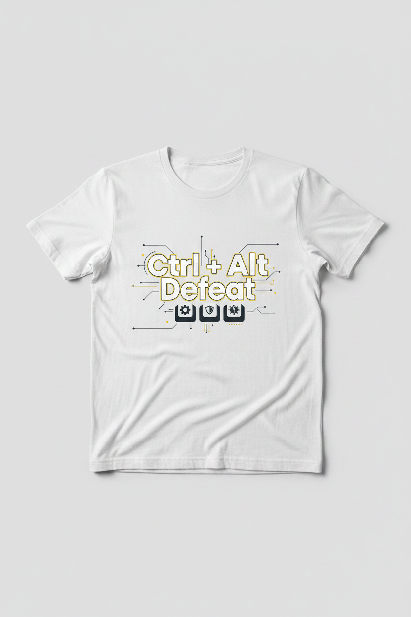 Ctrl Alt Defeat IT T-Shirt white flat lay