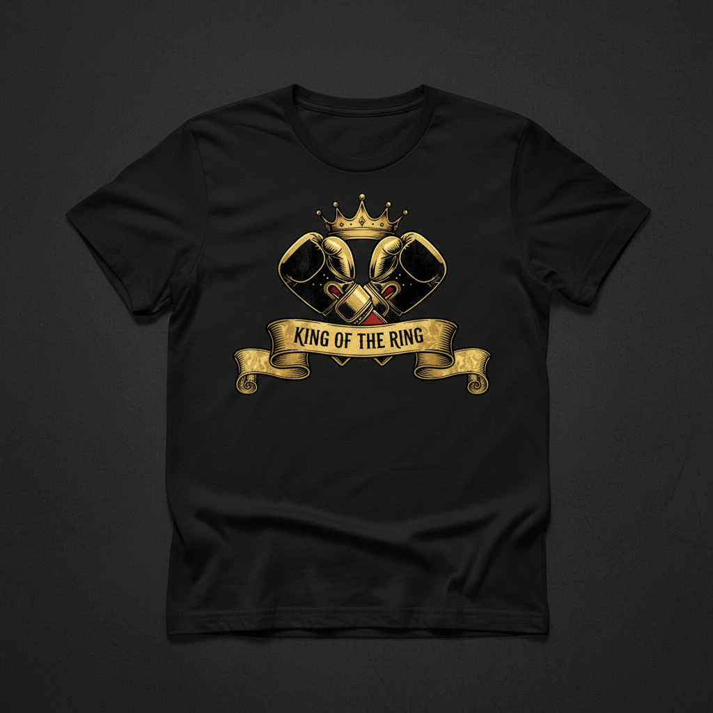 King of the Ring boxing t-shirt in black, flat lay product photo
