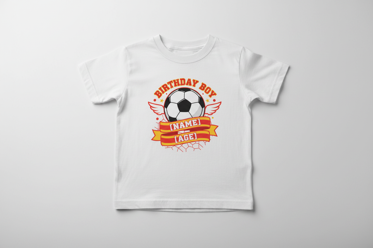 Personalised Football Birthday Boy T-Shirt - White Flat Lay