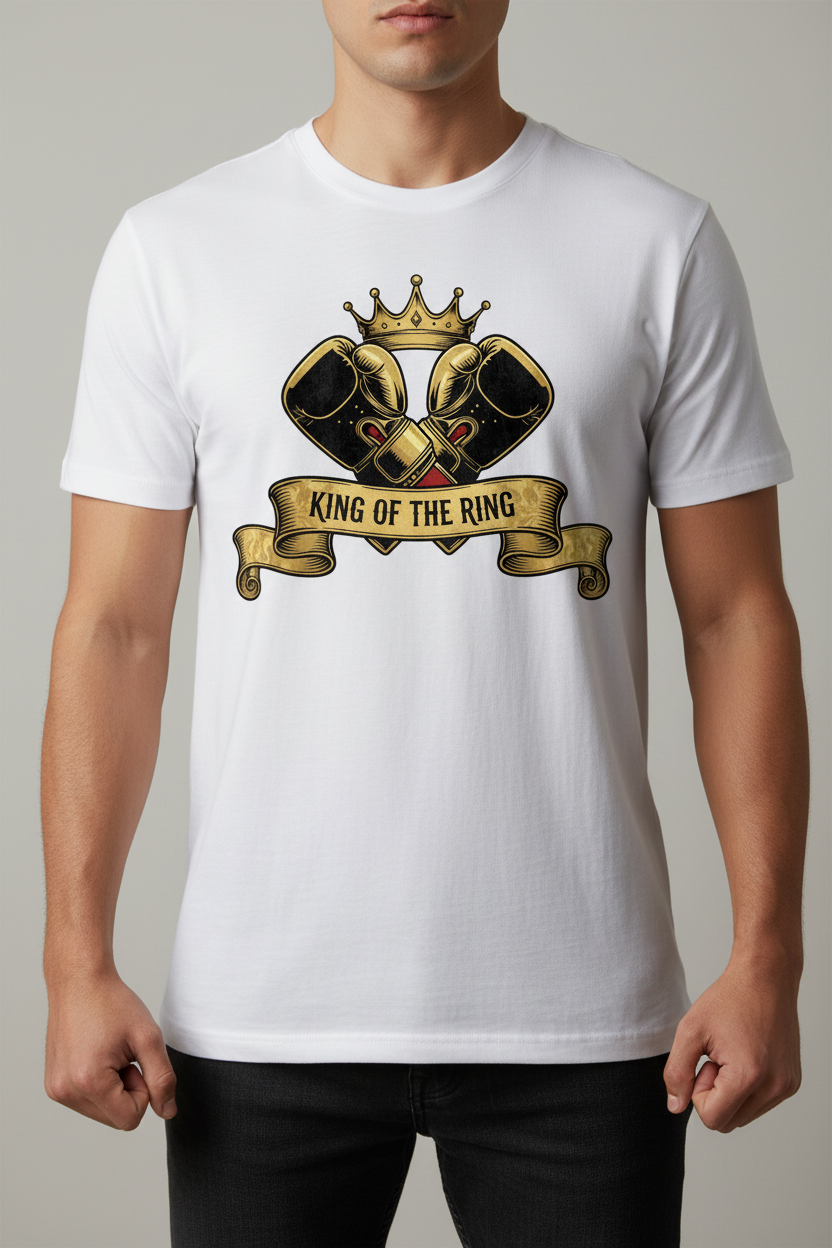 King of the Ring boxing t-shirt in white worn by model