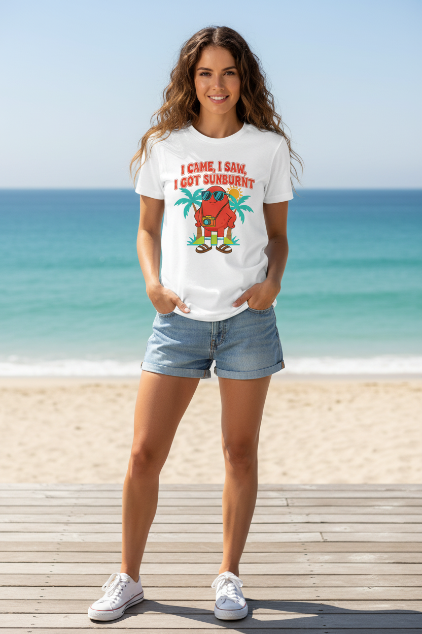 I Came I Saw I Got Sunburnt white t-shirt on female model