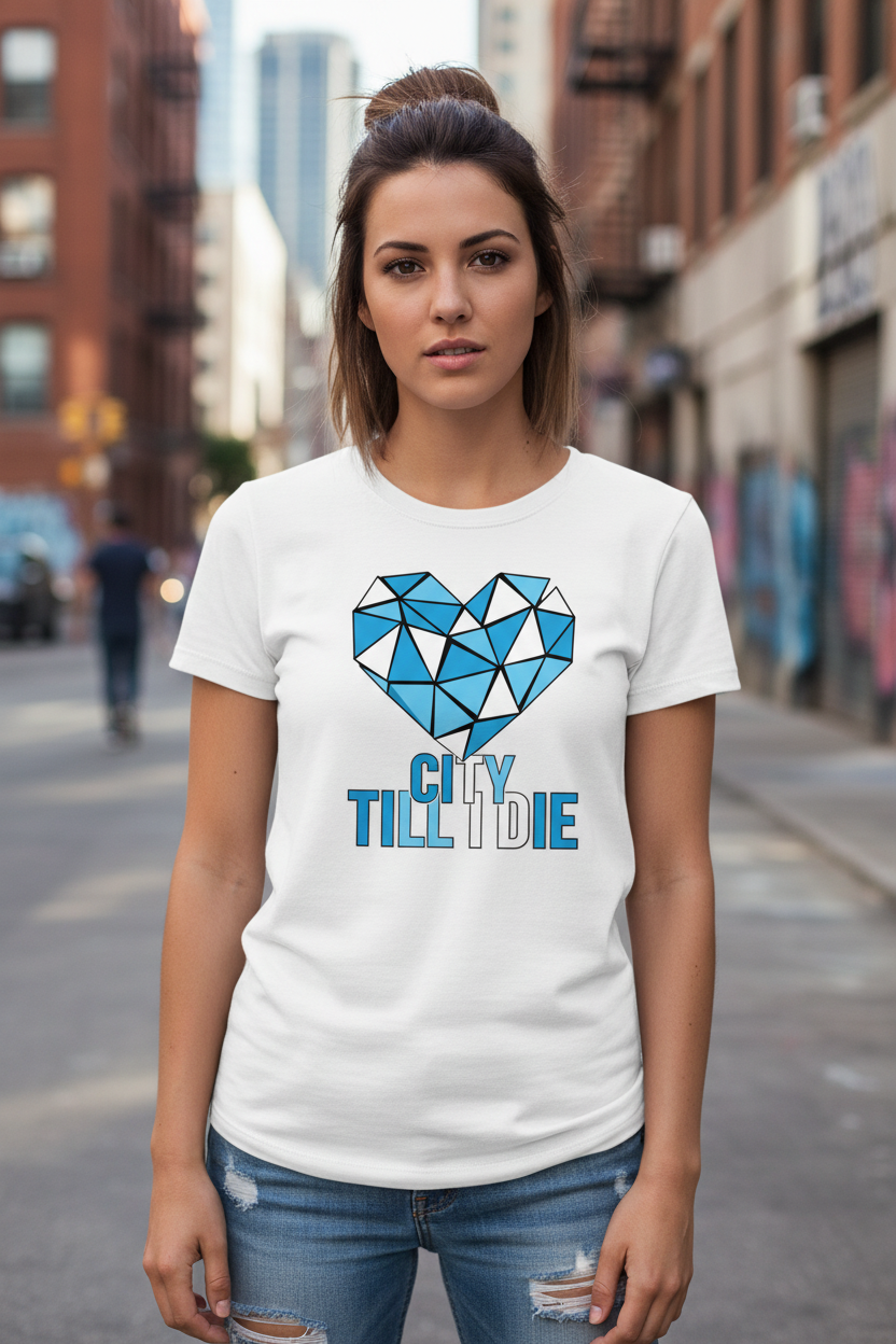 City Till I Die geometric heart – white t-shirt female model street style