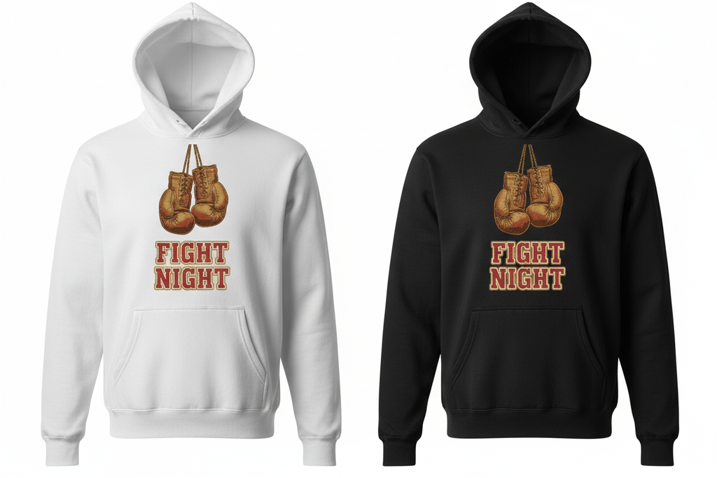 Fight Night boxing hoodie shown in both black and white colourways