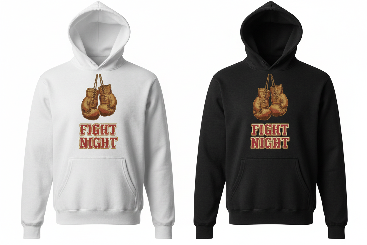 Fight Night boxing hoodie shown in both black and white colourways