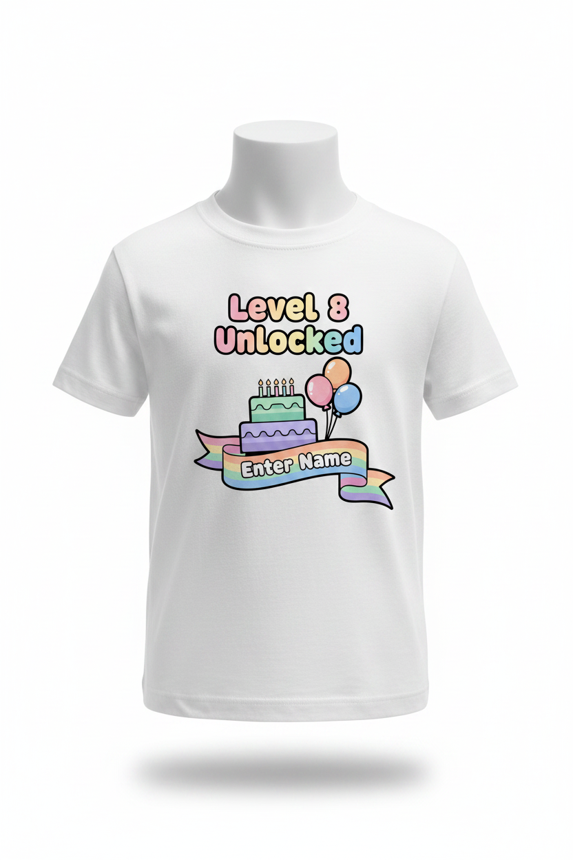 Level 8 Unlocked pastel cartoon birthday t-shirt - white ghost mannequin
