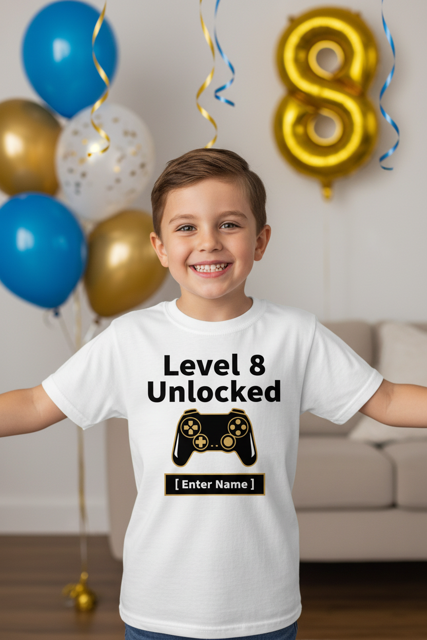 Child wearing Level 8 Unlocked minimalist birthday t-shirt in white - party setting