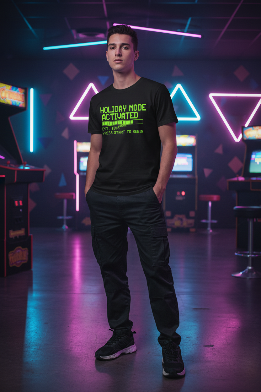 Holiday Mode Activated retro pixel black t-shirt lifestyle arcade mockup