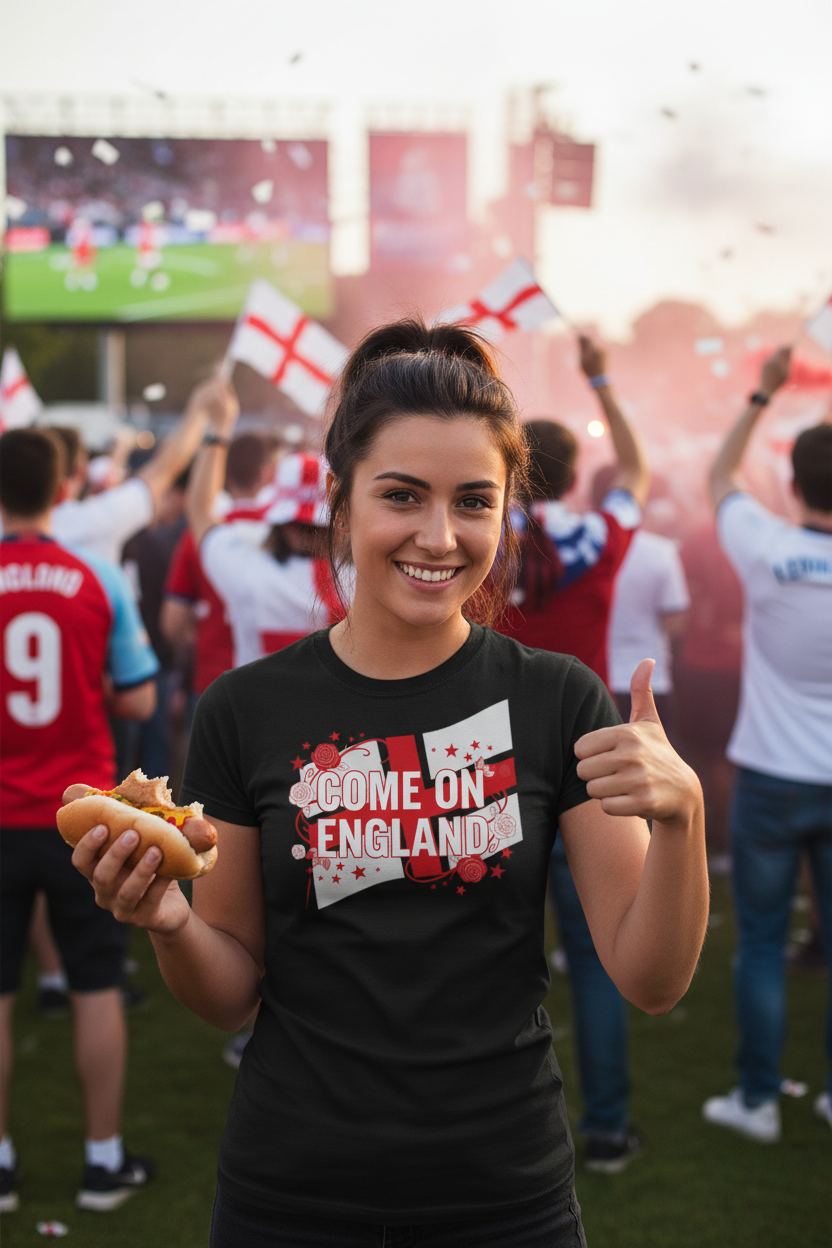 Women's Come On England black t-shirt lifestyle shot