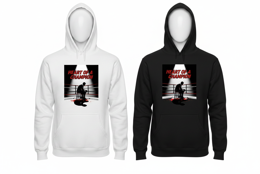 Heart of a Champion boxing hoodie shown in both black and white colourways