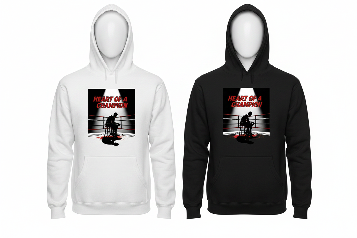 Heart of a Champion boxing hoodie shown in both black and white colourways