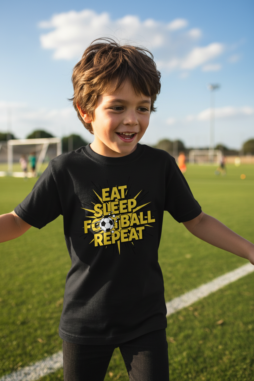 Child wearing Eat Sleep Football Repeat comic book style kids t-shirt on football pitch