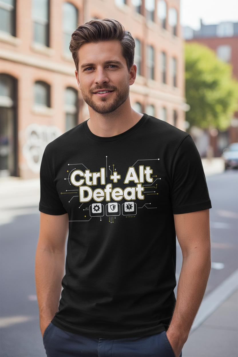 Ctrl Alt Defeat IT T-Shirt black male model lifestyle