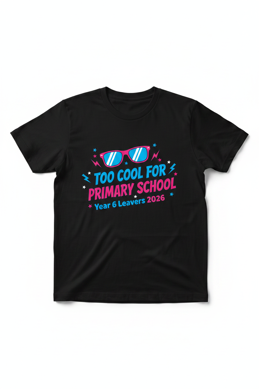 Too Cool for Primary School Year 6 Leavers 2026 – Black T-Shirt Flat Lay