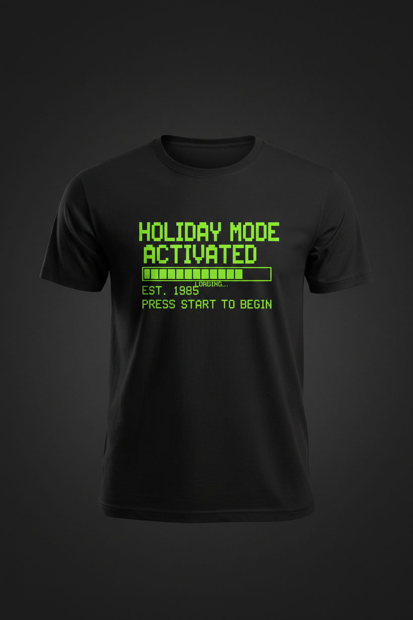 Holiday Mode Activated retro pixel black t-shirt ghost mannequin mockup