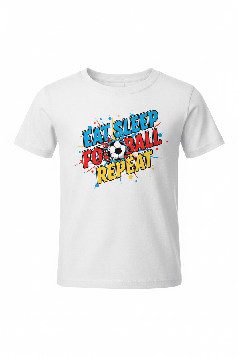 Eat Sleep Football Repeat kids white t-shirt ghost mannequin
