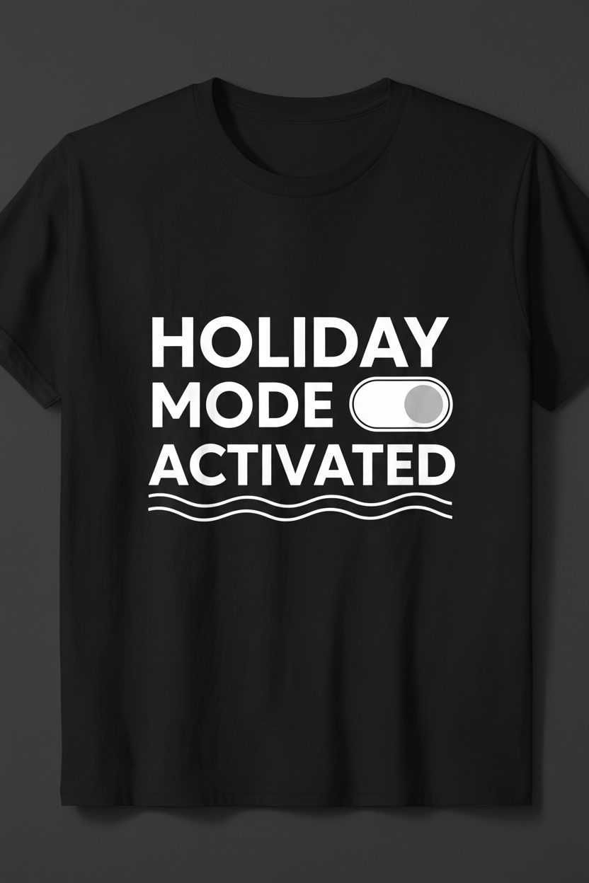 Holiday Mode Activated black t-shirt flat lay mockup