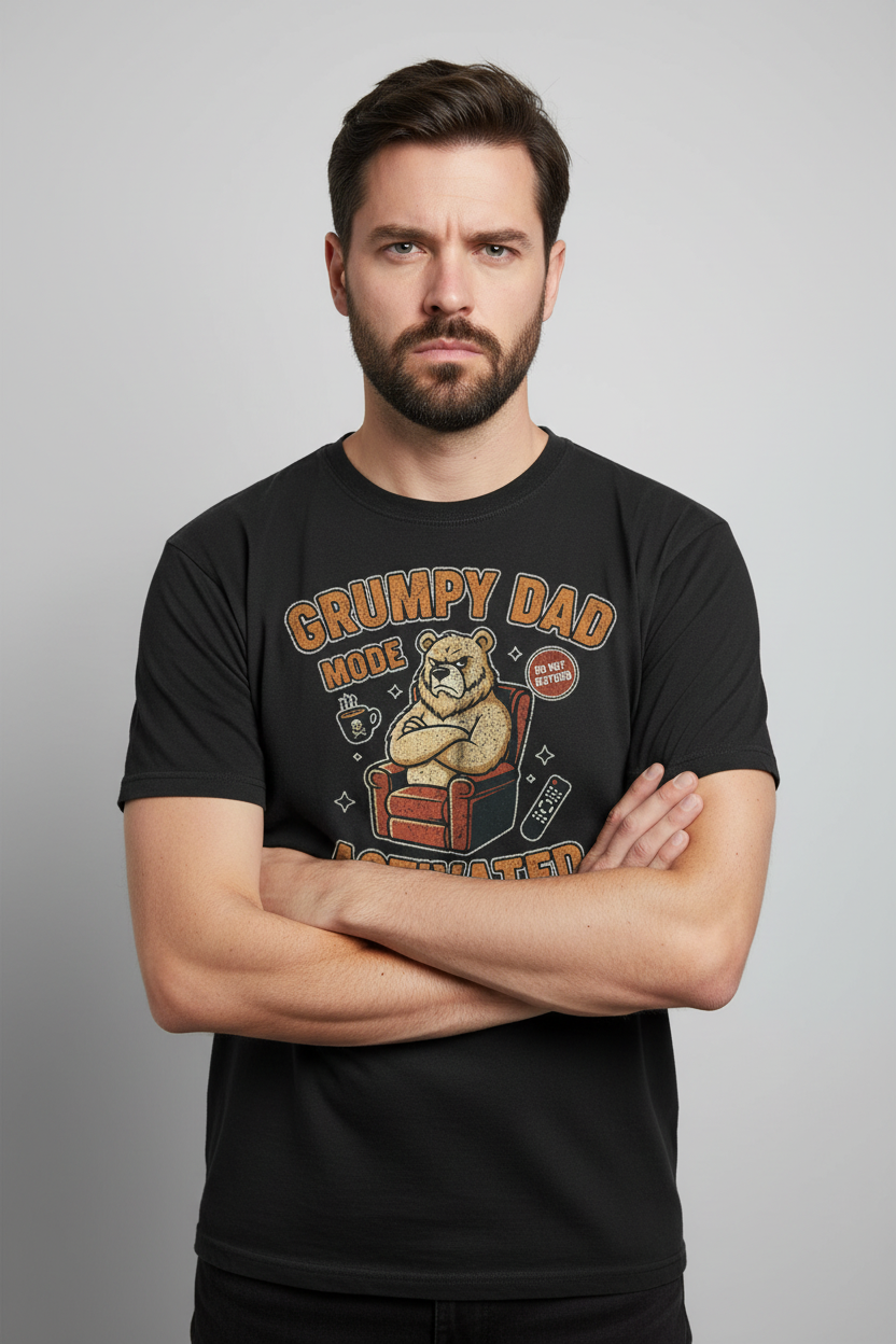 Grumpy Dad Mode Activated black t-shirt on model