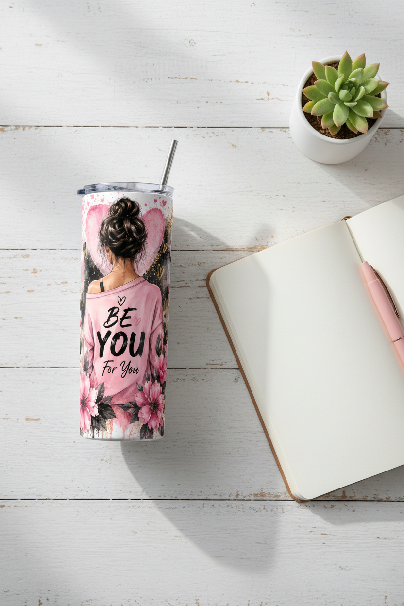 Be You For You motivational tumbler on white desk with journal and succulent