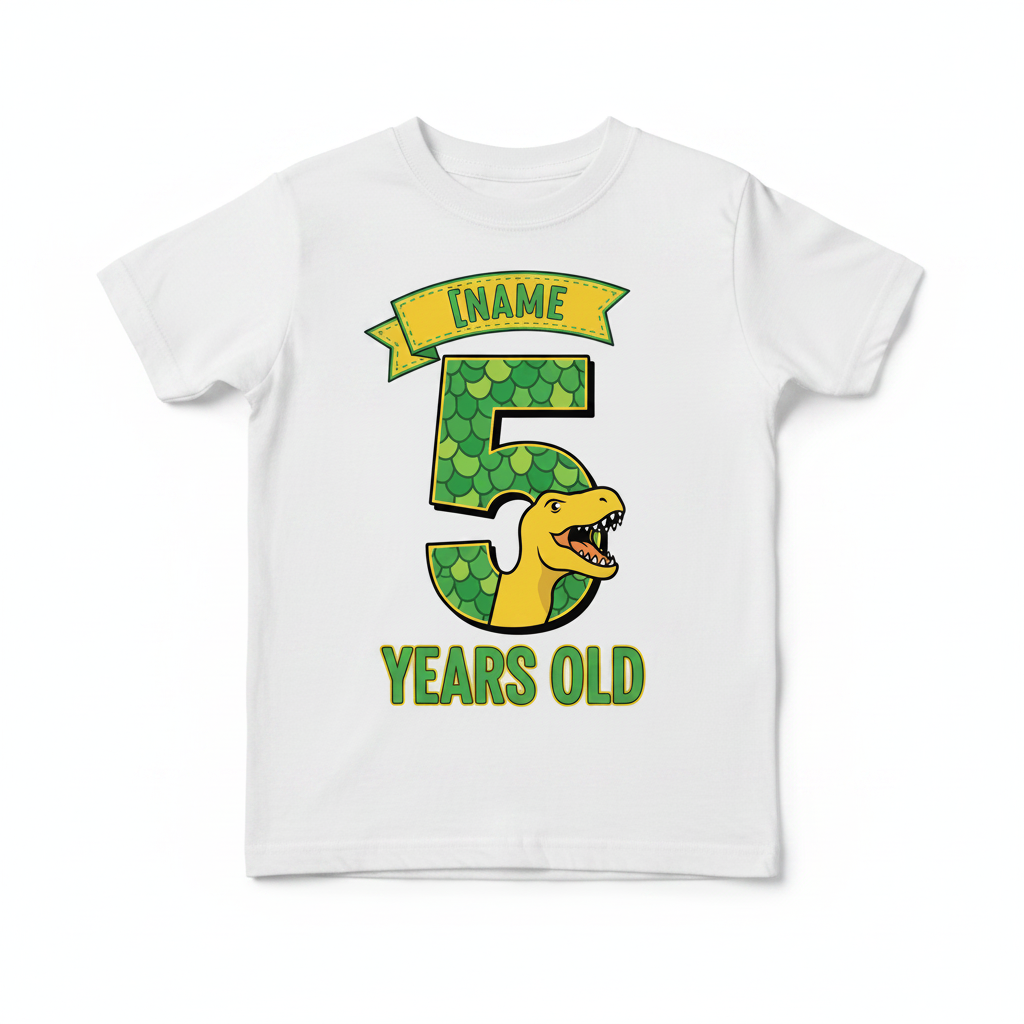 Personalised Dinosaur Birthday Age Number T-Shirt - White Flat Lay