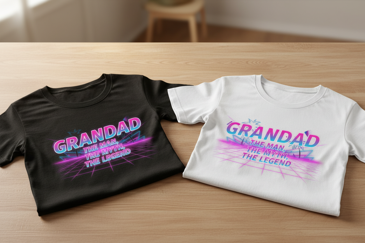 Grandad The Man The Myth The Legend black and white t-shirts side by side