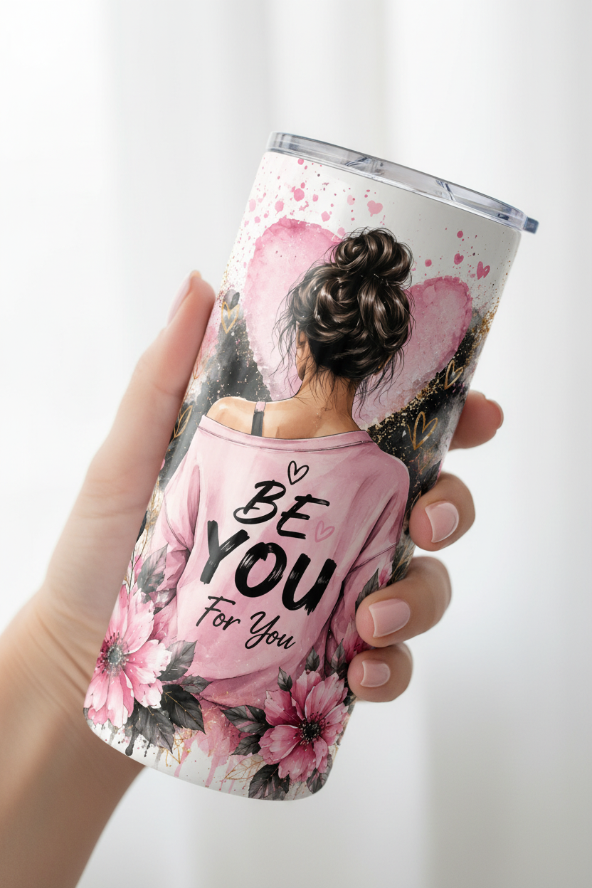 Be You For You motivational tumbler held in hand with pink nails
