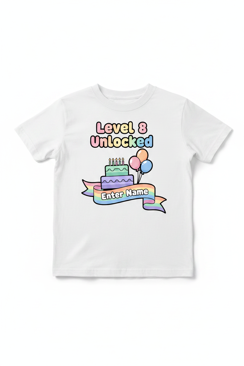 Level 8 Unlocked pastel cartoon birthday t-shirt - white flat lay
