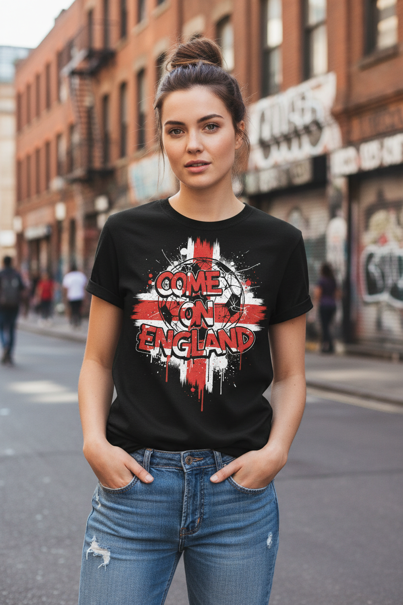 Come On England T-Shirt - Female model city street