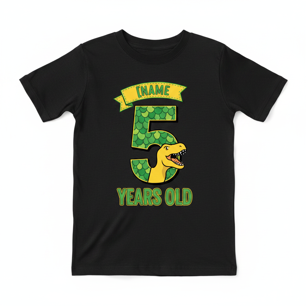 Personalised Dinosaur Birthday Age Number T-Shirt - Black Flat Lay