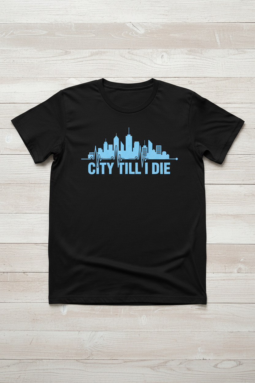 City Till I Die skyline design – black t-shirt flat lay