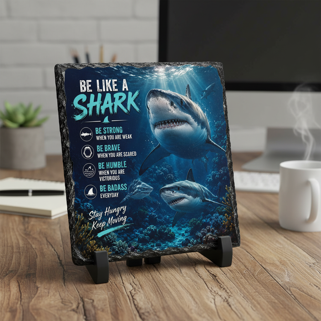 Be Like A Shark square slate plaque with black stands lifestyle desk scene